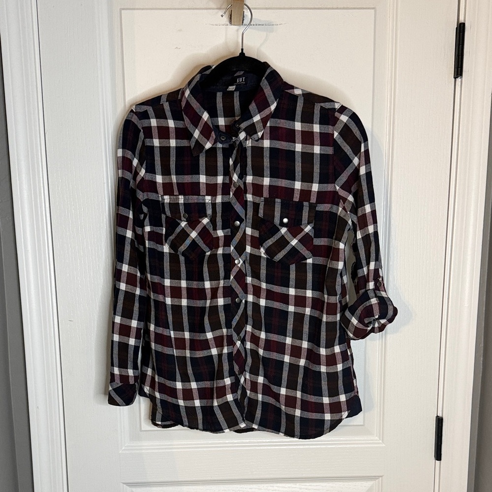 Kut from the Kloth Plaid Button Down Shirt - Black, White, Burgundy